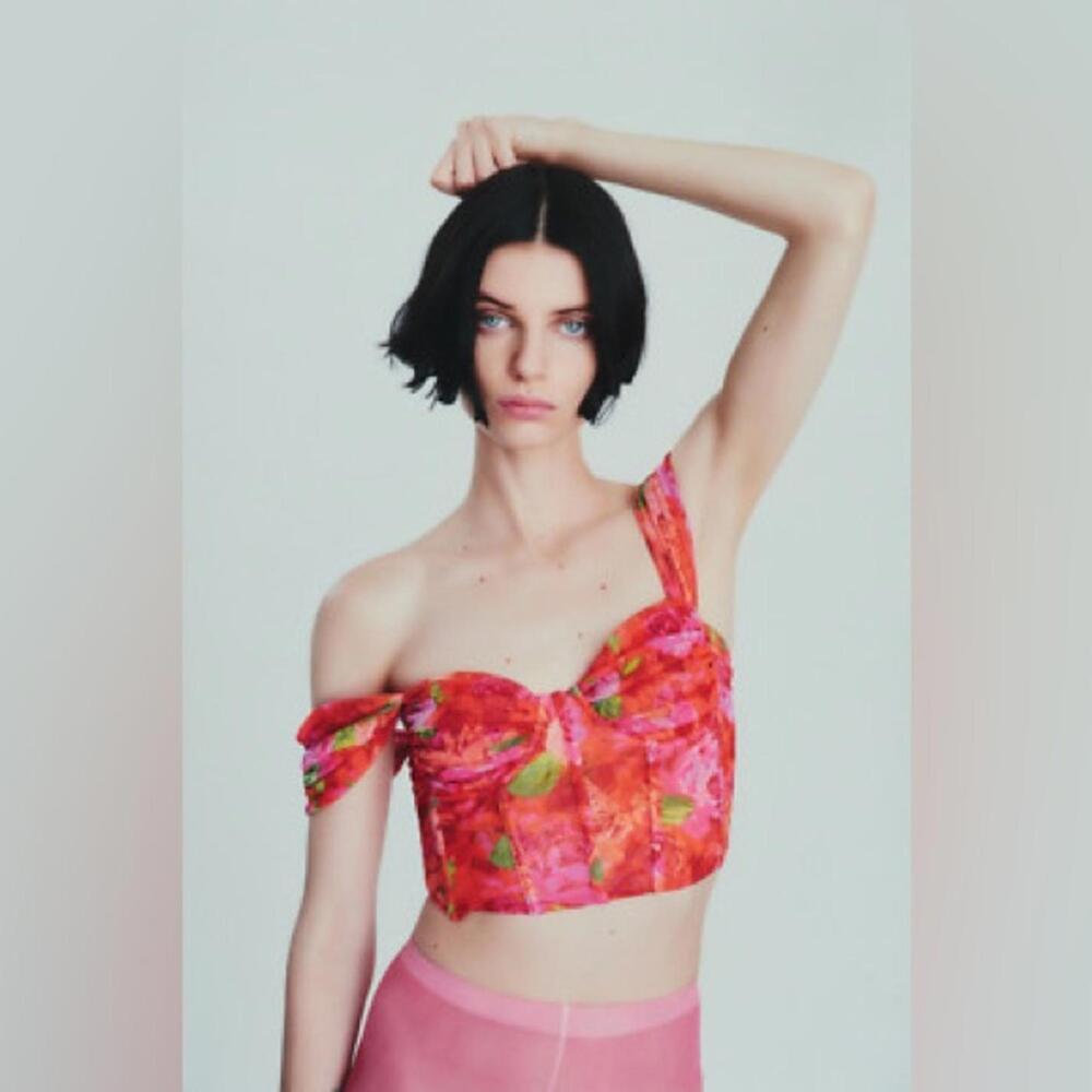 Zara Floral Tulle Bustier Corset Style Cap Sleeve Top - Picture 2 of 8